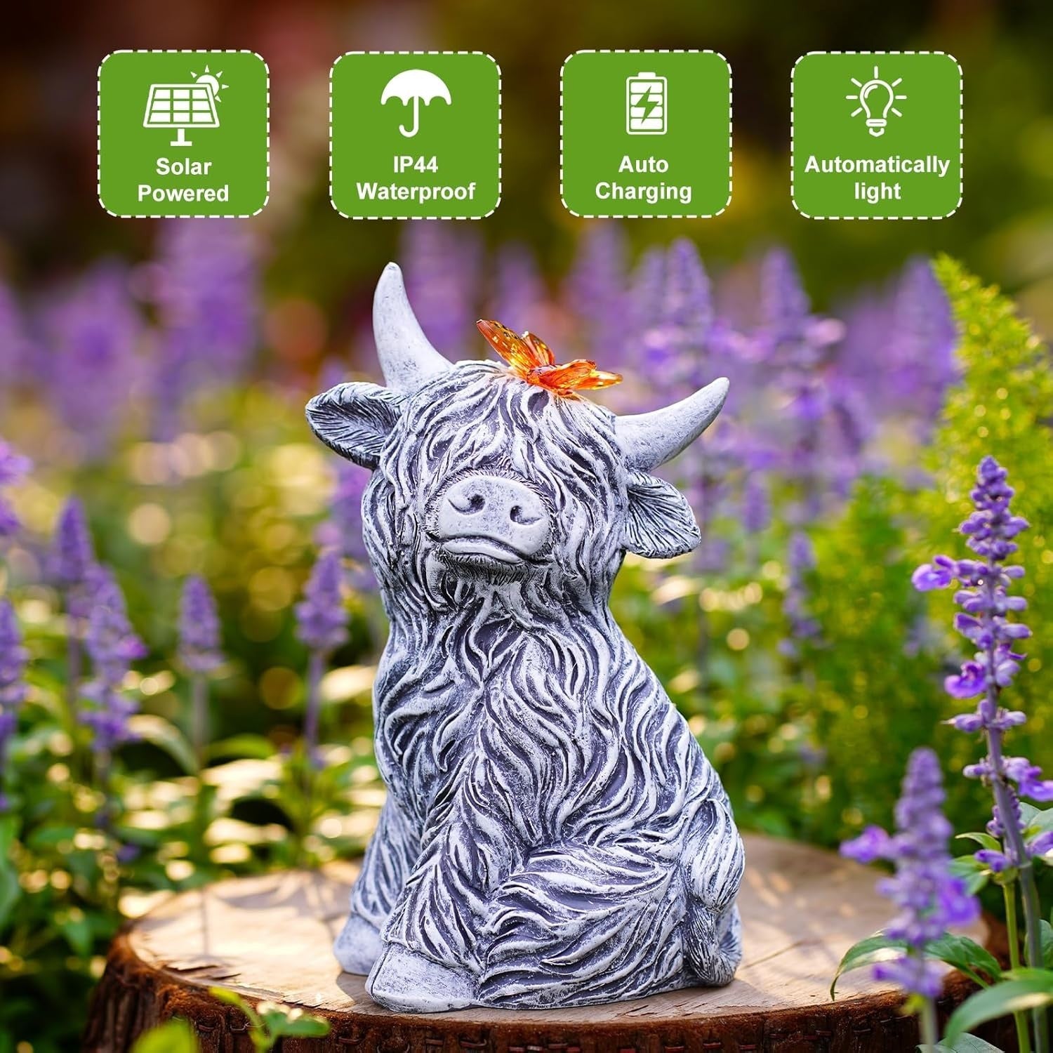 Solar Highland Cow Garden Ornament Grey Resin Statue with Butterfly Light Decor