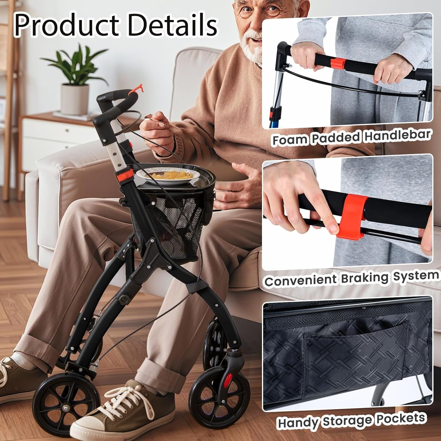 4 Wheel Rollator Walker Lightweight Folding Walking Aid Brakes Tray
