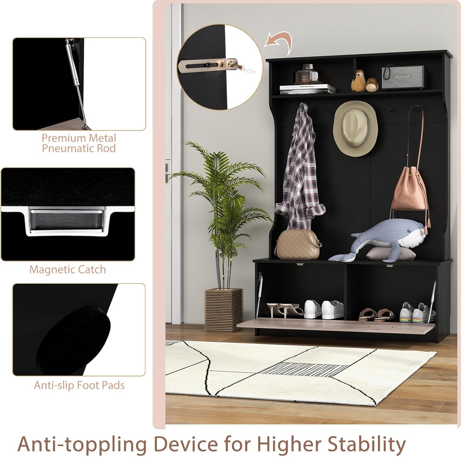 Black Hall Tree Coat Rack with Shoe Bench & Shelves Freestanding Entryway Unit