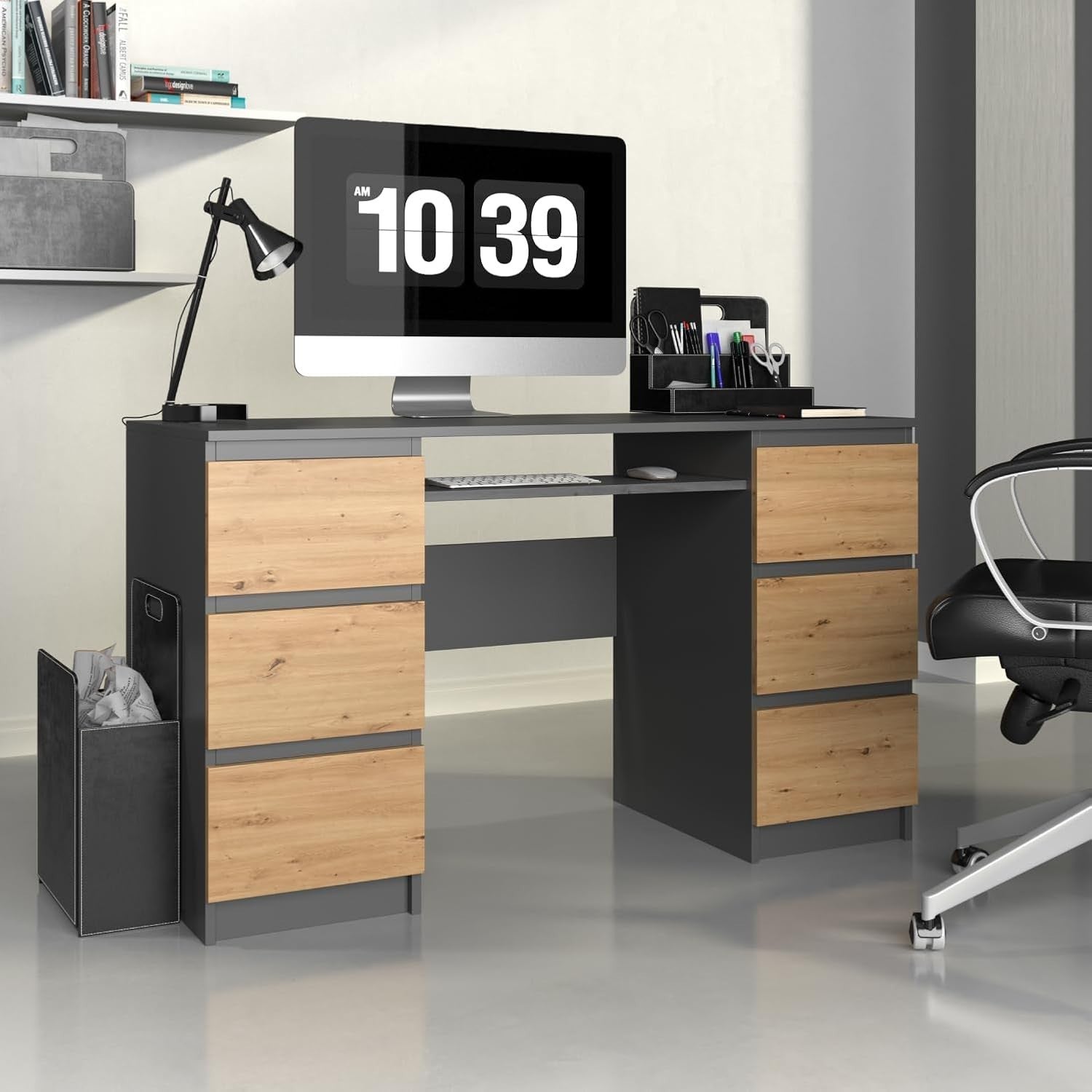 Large 6 Drawer Anthracite Artisan Office Desk w/Keyboard Shelf & Storage
