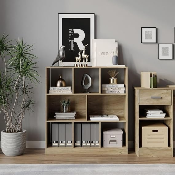 8 Cube Oak Bookcase Storage Unit – Modern Asymmetrical Shelving for Living Room