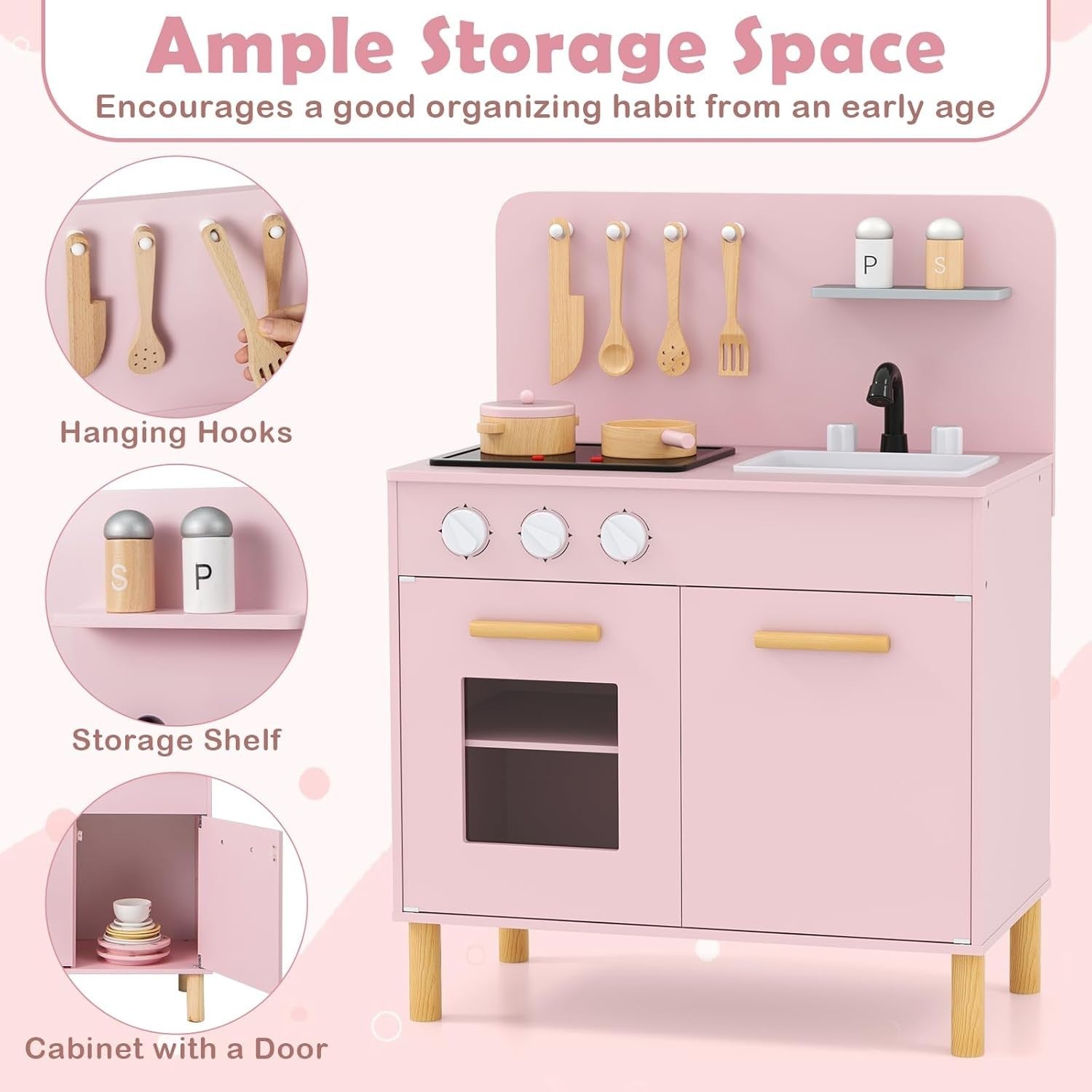 Wooden Kids Play Kitchen Pink w/ Lights Sounds Oven Accessories