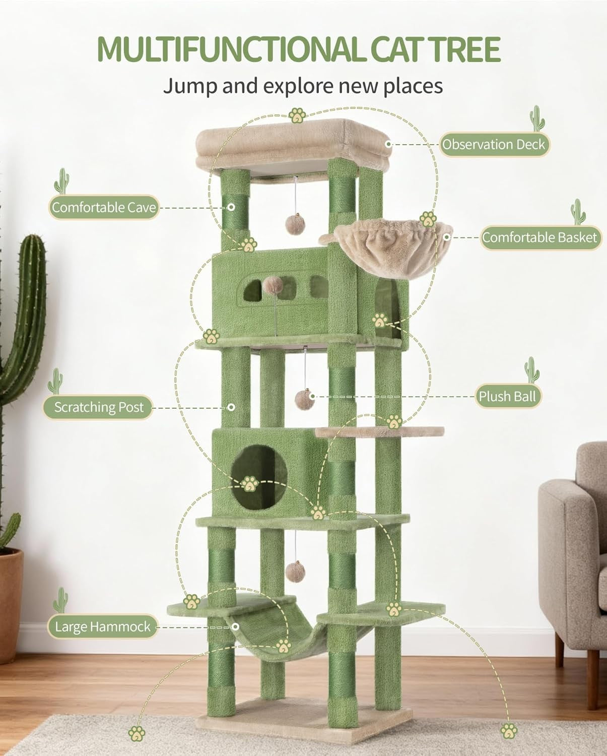 170cm Tall Cat Tree Tower Multi-Level Scratching Posts Condos Large Cats