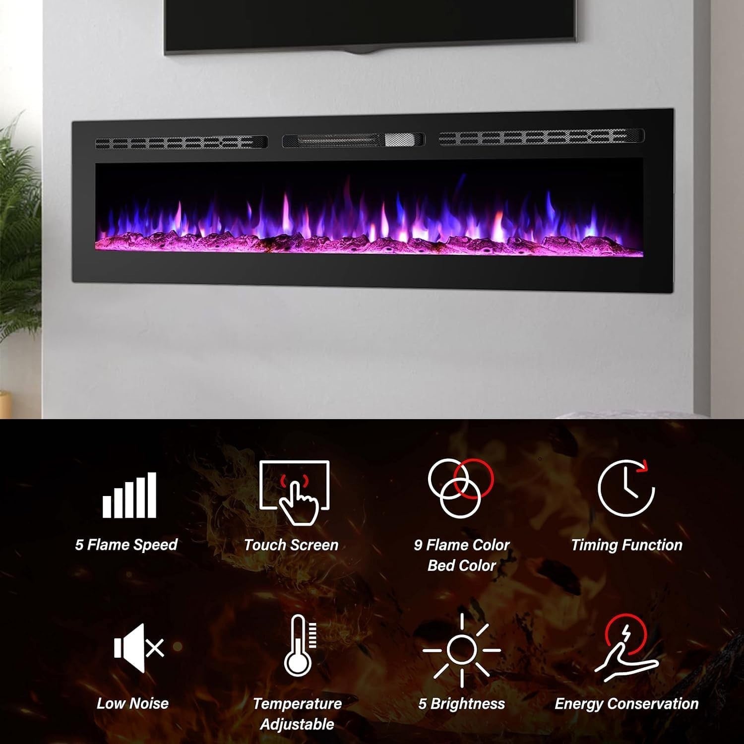 70” Wall Mounted Electric Fireplace LED Flame Heater Remote Timer