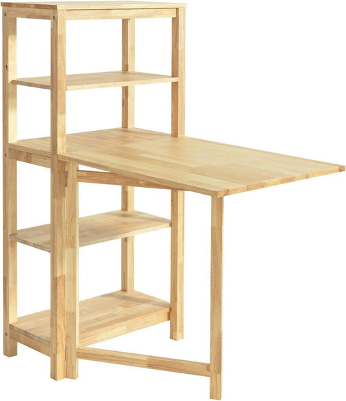 Folding Dining Table with 5 Storage Shelves Rubber Wood Kitchen Table