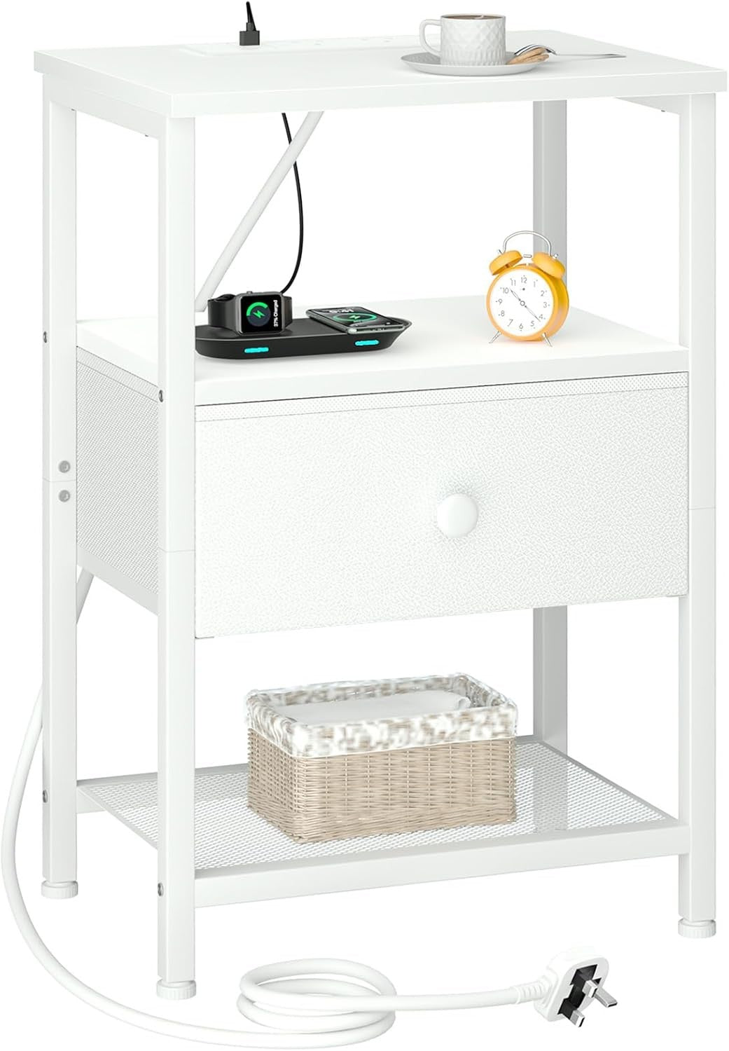 White Bedside Table with Charging Station Small Nightstand Drawer & Shelf