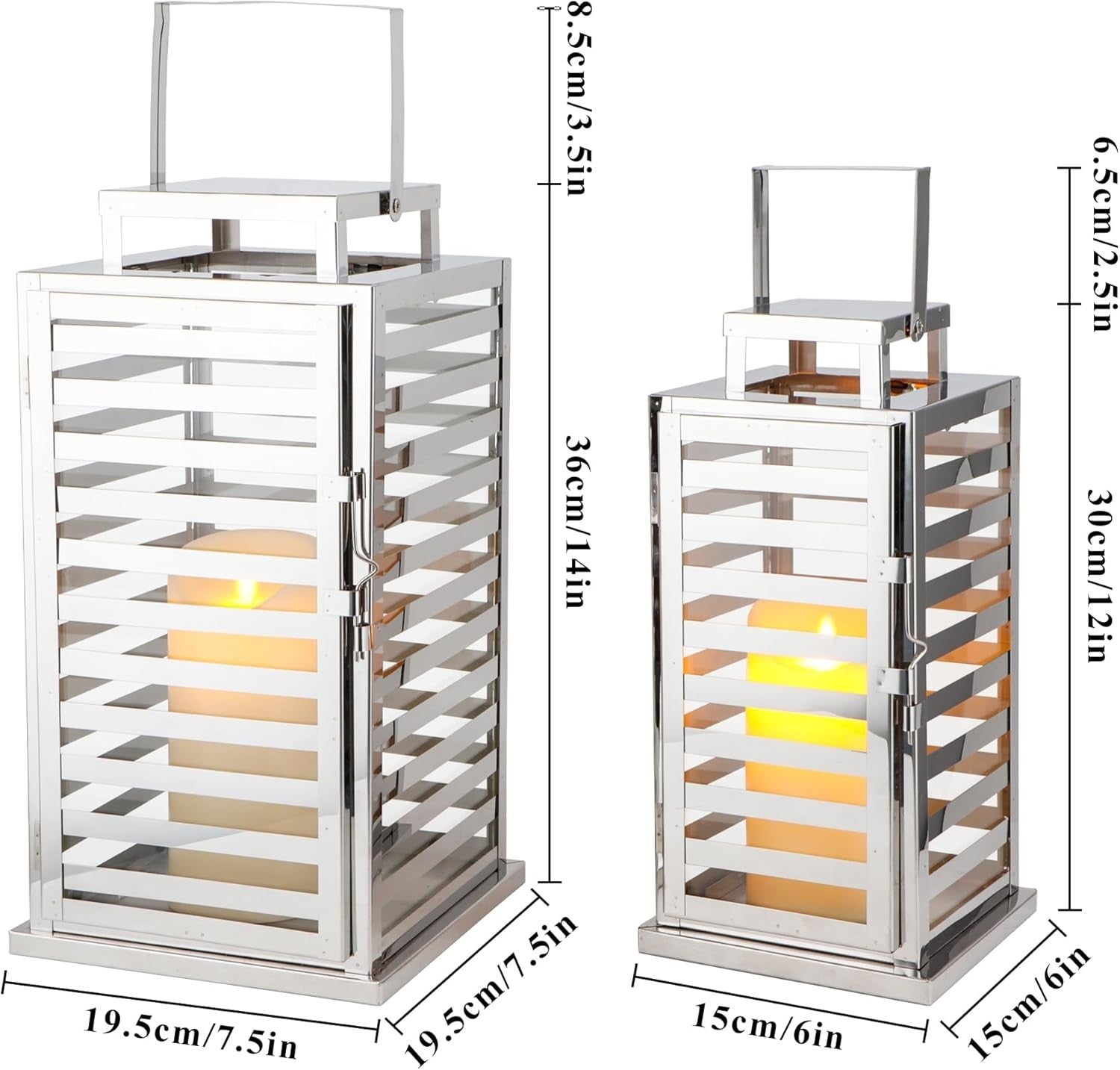 Set of 2 Silver Stainless Steel Candle Lanterns 38 cm