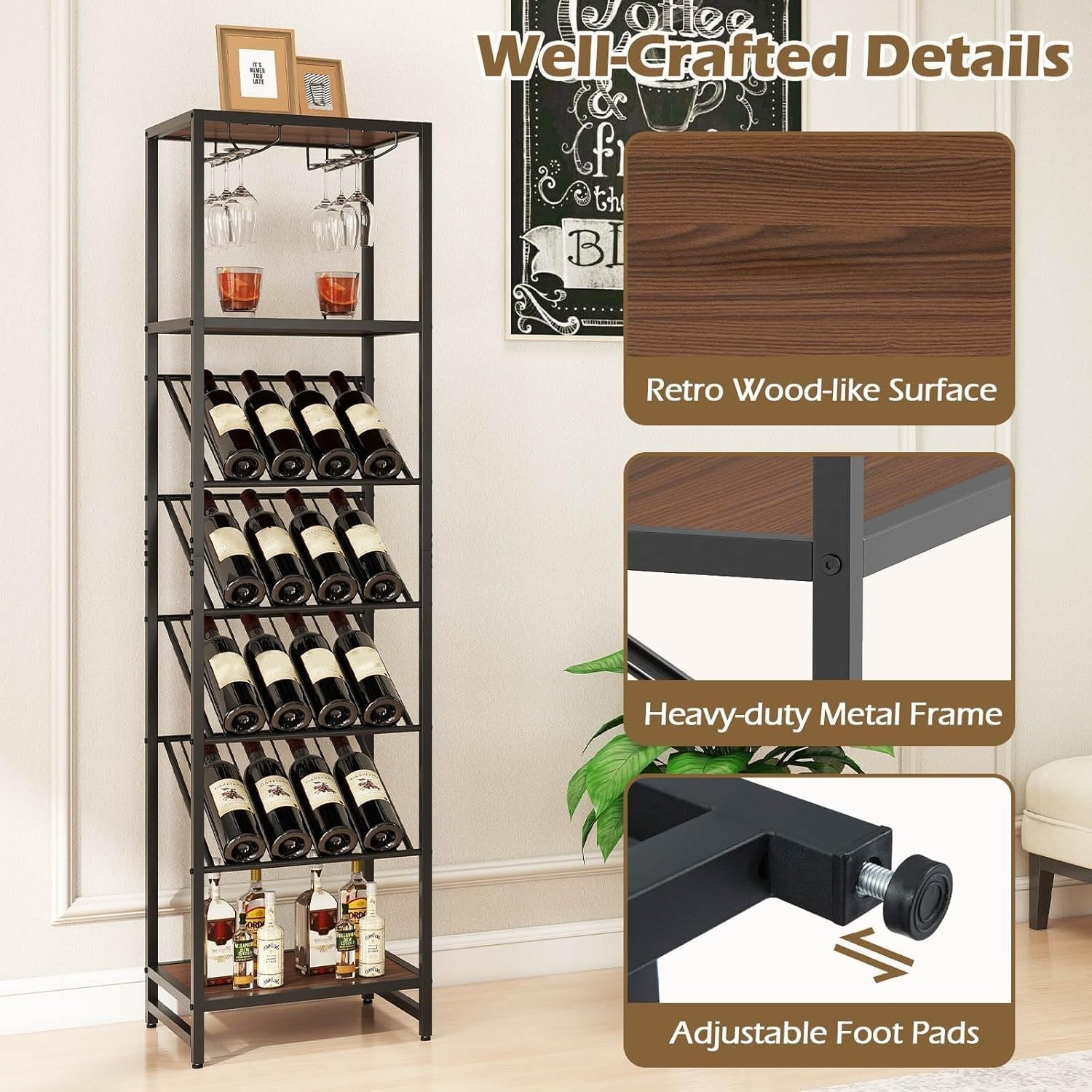 7-Tier Freestanding Wine Rack with Glass Holder, 16 Bottle Storage Shelf Unit