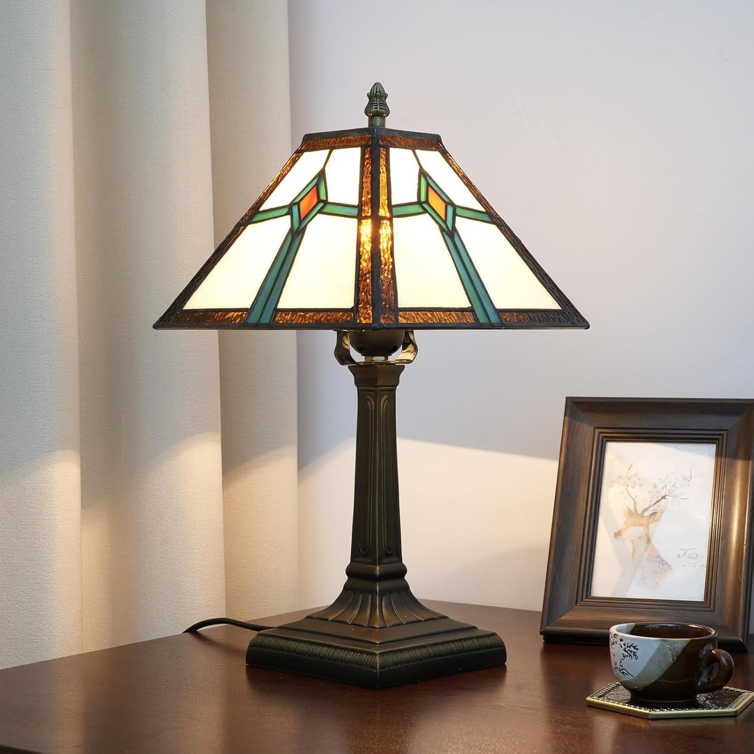 Tiffany Style Table Lamp Vintage Stained Glass Bedside Light w/ LED