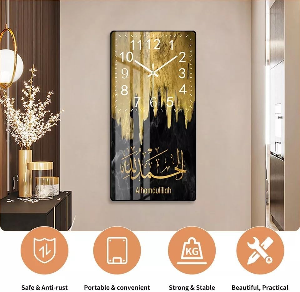 Modern Islamic Calligraphy Wall Clock Acrylic Art 50cm Luxury Gold Black Decor