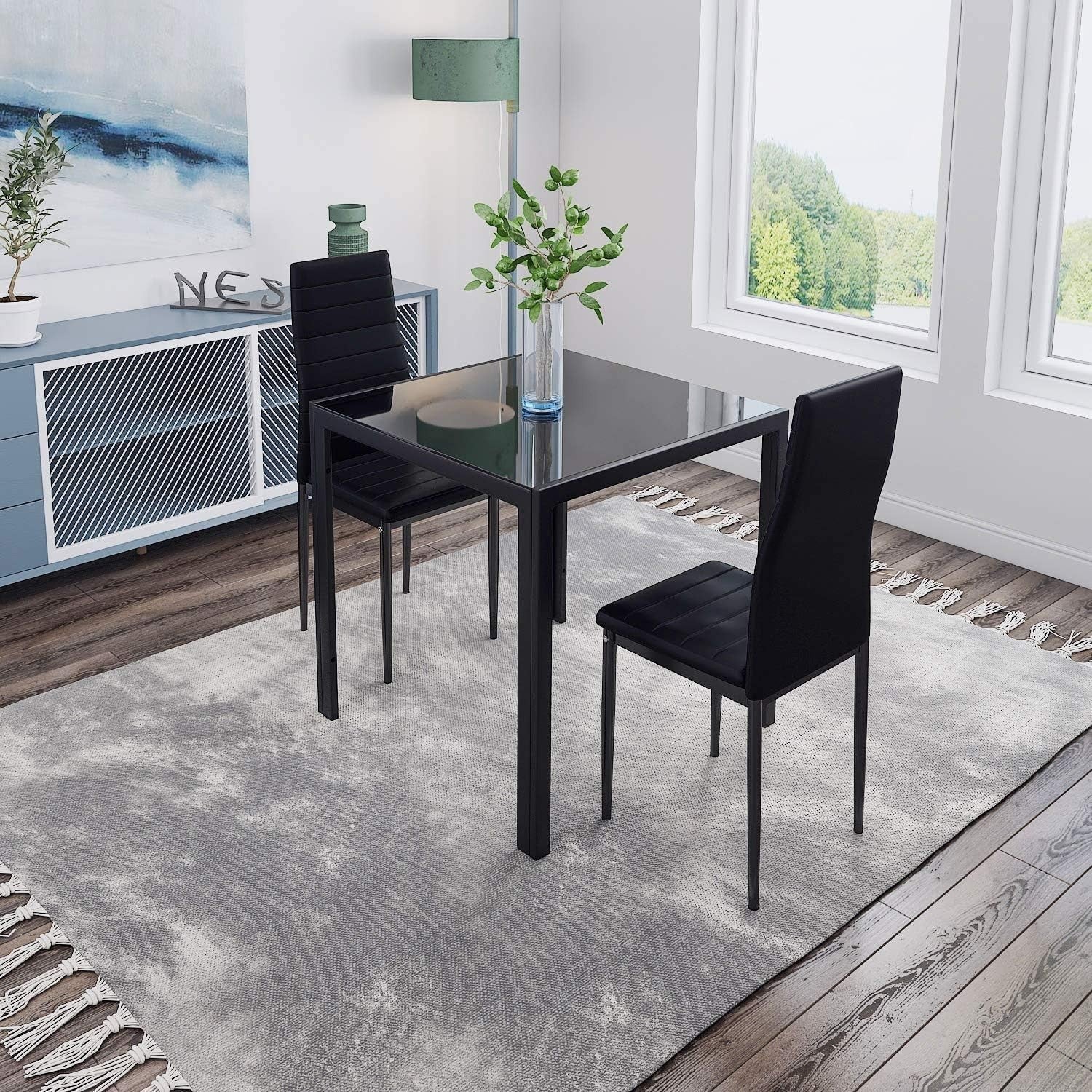Modern 2-Seater Black Glass Dining Table with Faux Leather Chairs