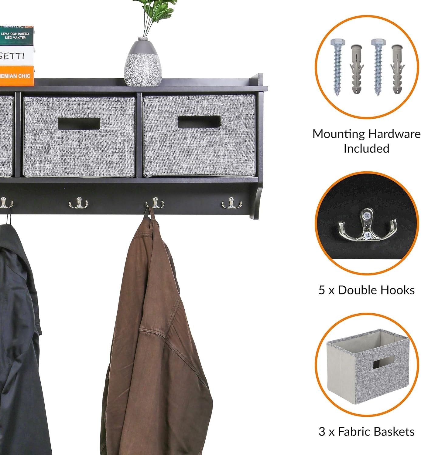 Black Wall Mounted Coat Rack | 5 Hooks & 3 Fabric Baskets Hallway Shelf