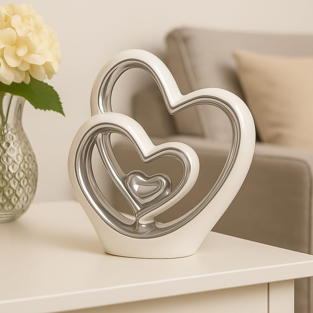Silver Heart Ornament 25.5cm Ceramic Sculpture Modern Couple Wedding Gift Decor