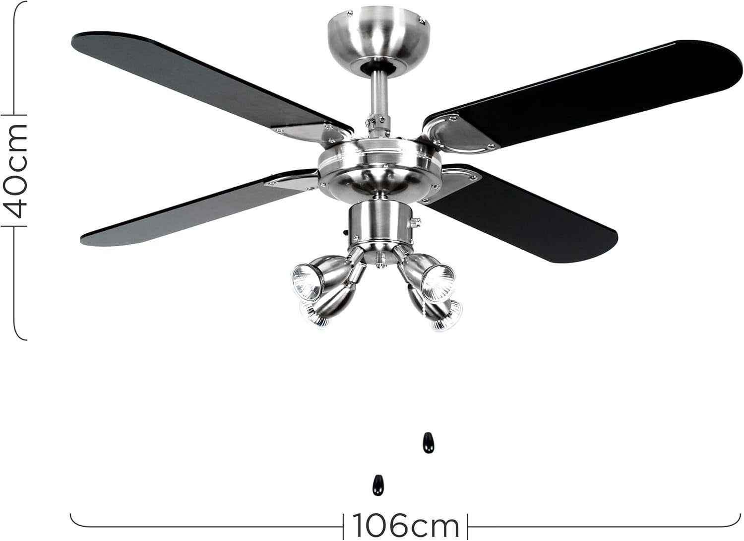 MiniSun 42" Chrome Ceiling Fan with Spotlights, Reversible Black/Silver Blades