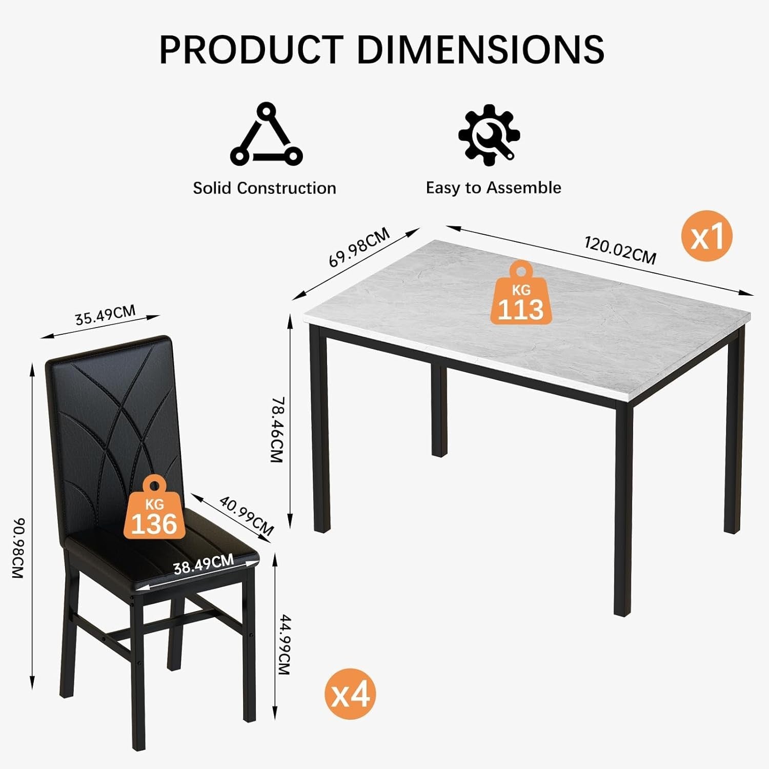 4 Seater Dining Table Set Faux Marble Black PU Chairs Space Saving Modern