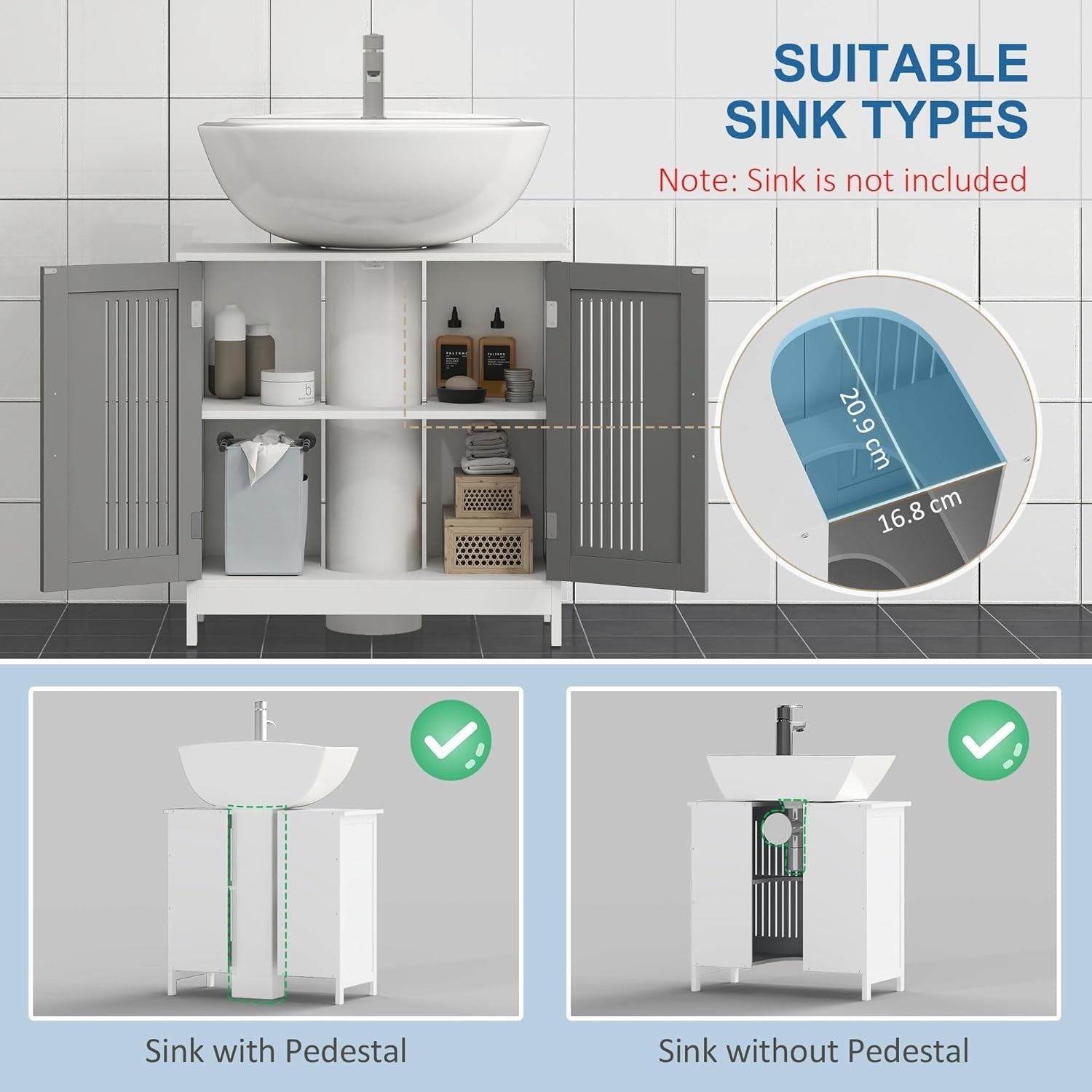 Grey Under Sink Bathroom Cabinet Storage Unit 2 Door Vanity Shelf 60x60cm