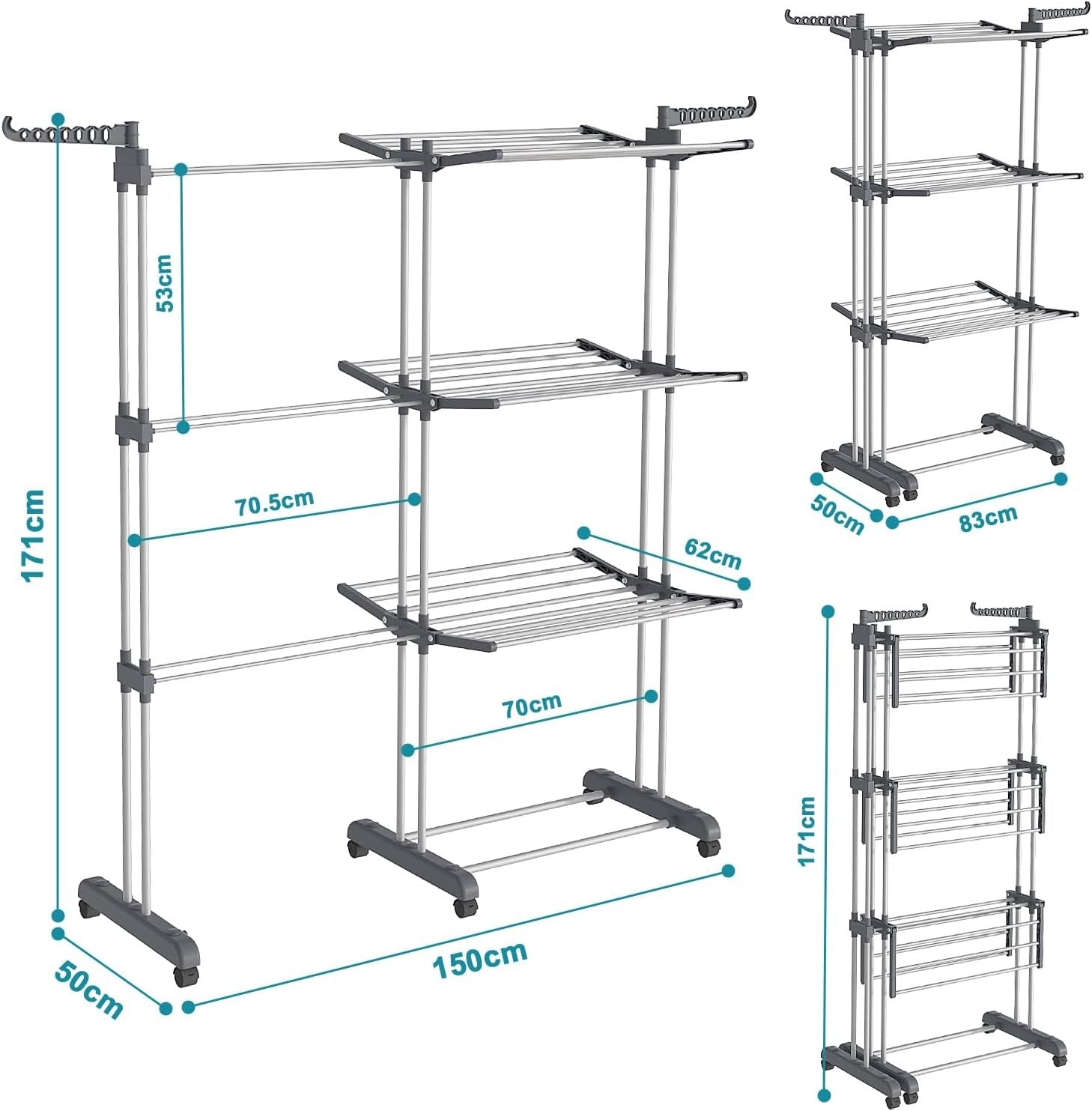 4 Tier Clothes Airer Drying Rack Folding Rolling Large Capacity Indoor Outdoor