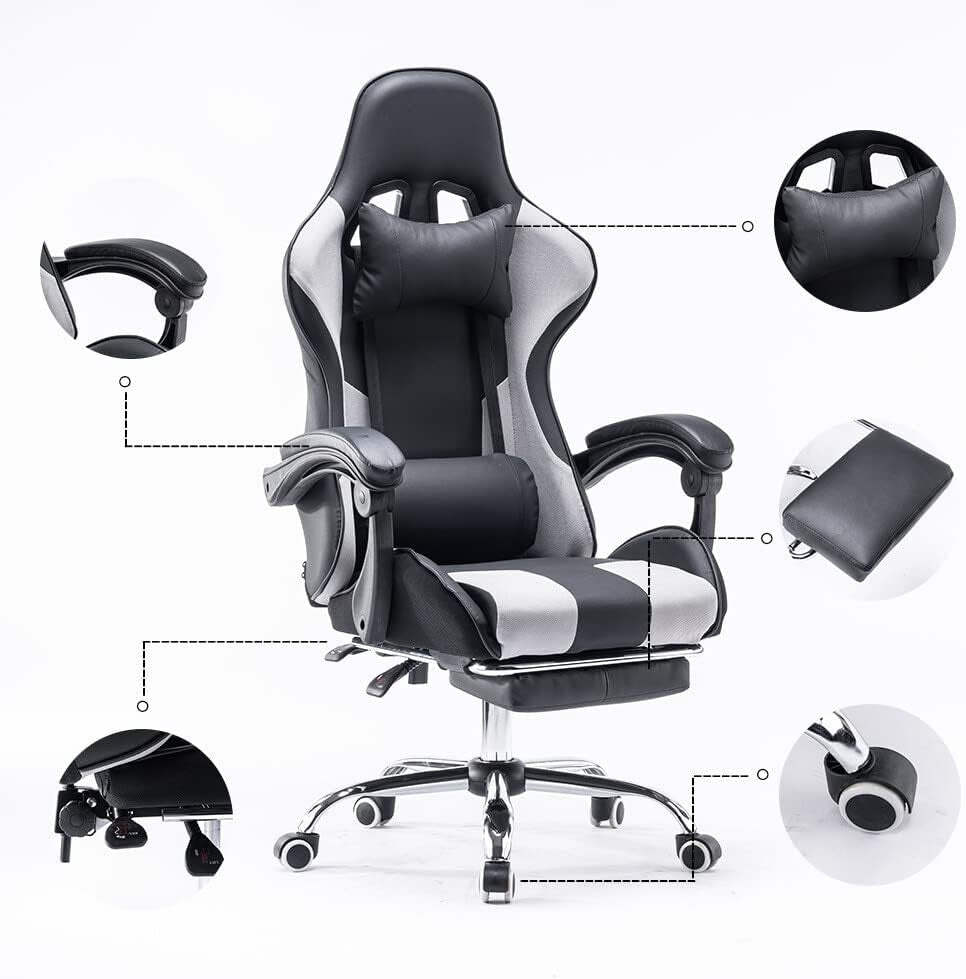 Ergonomic Gaming Chair Reclining Swivel Office Chair w/ Footrest Grey