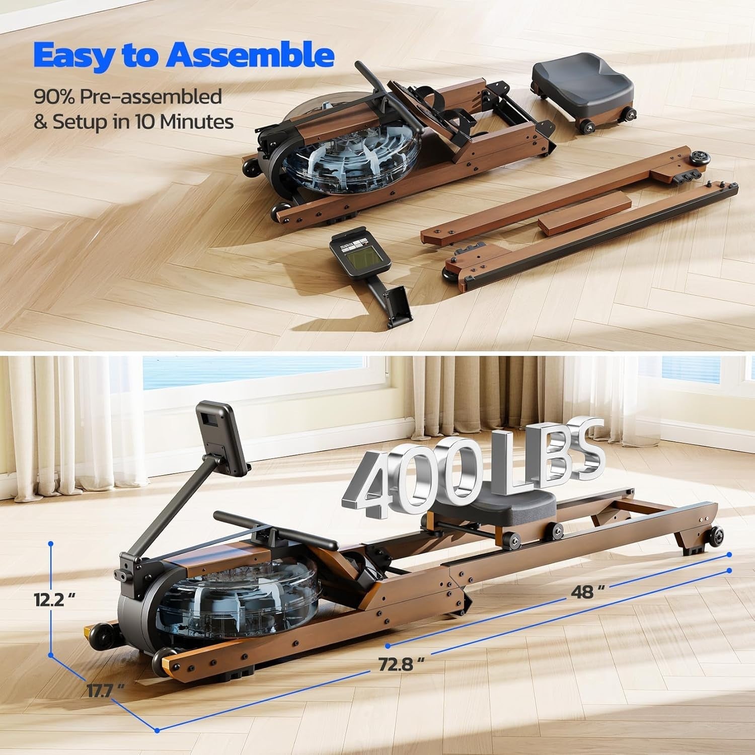 Foldable Oak Wood Water Rowing Machine Bluetooth LCD Home Rower 400LB
