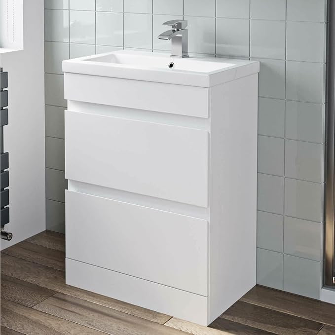 600mm White Gloss Bathroom Vanity Unit with Basin Sink 2 Drawer Floor Standing