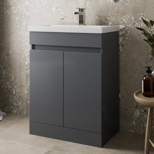 Grey Gloss 600mm Bathroom Vanity Unit with Basin | Modern Sink Cabinet Storage