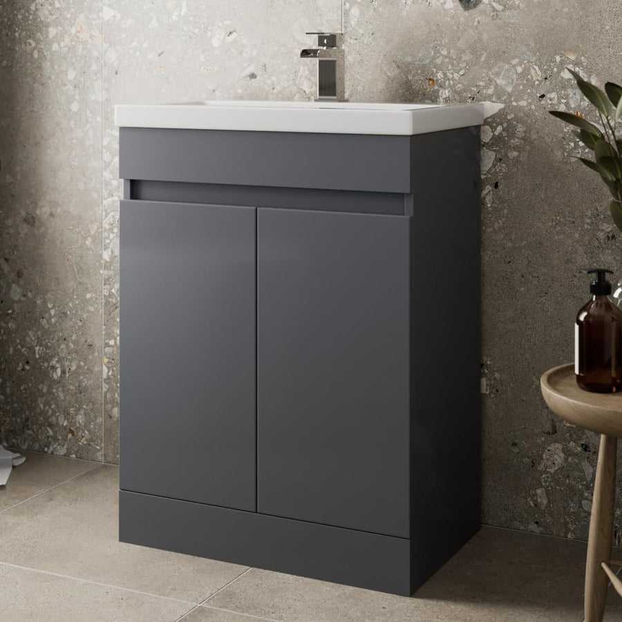 Grey Gloss 600mm Bathroom Vanity Unit with Basin | Modern Sink Cabinet Storage