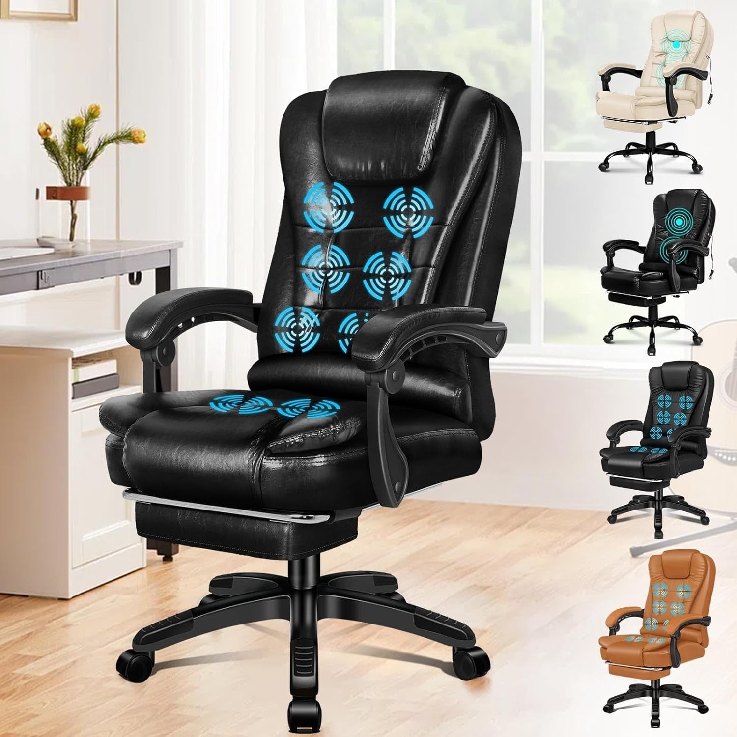 Glossy Black Massage Office Chair Heated 8-Point Recliner Footrest Ergonomic