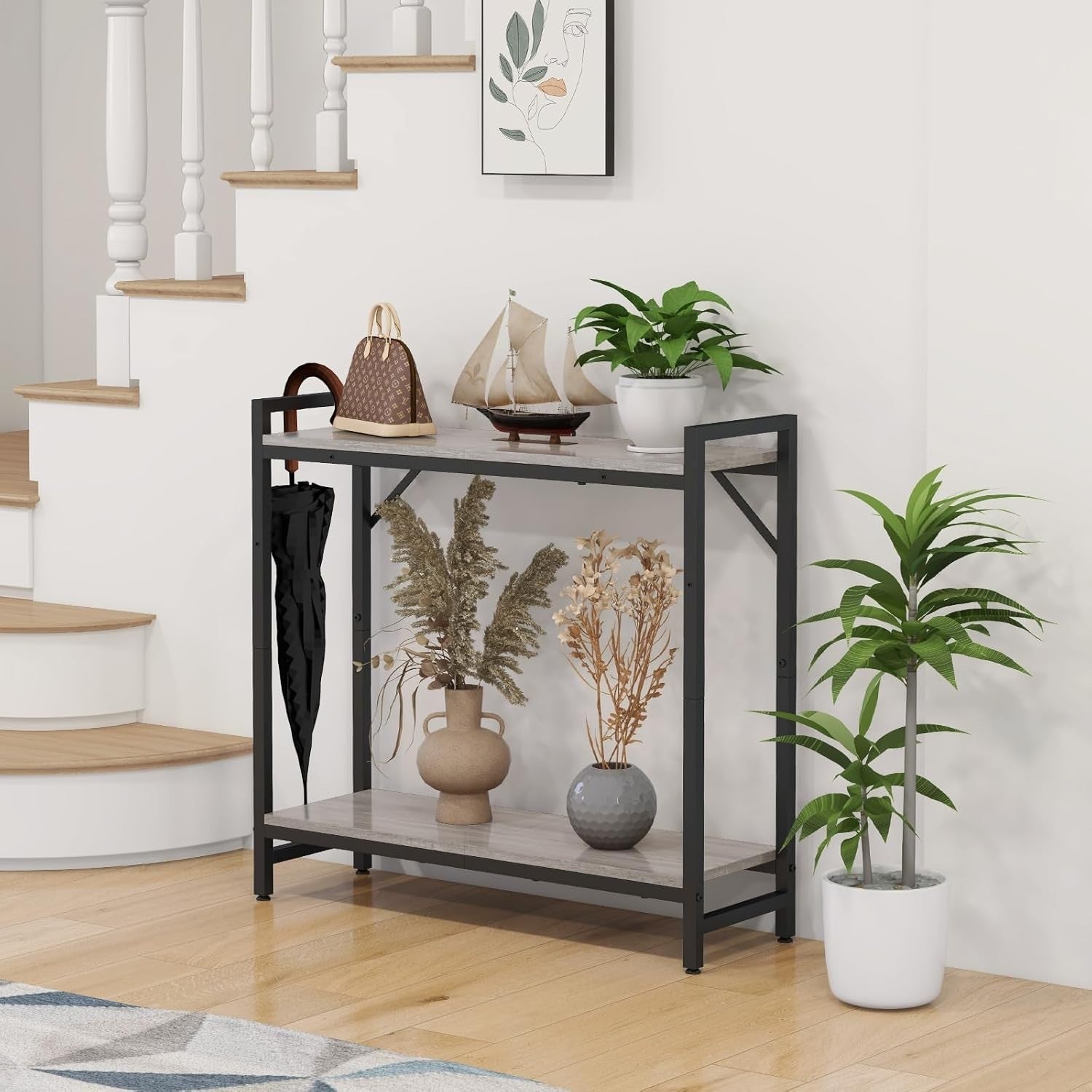 Narrow Console Table with 2-Tier Storage & Support Bars, Industrial Style