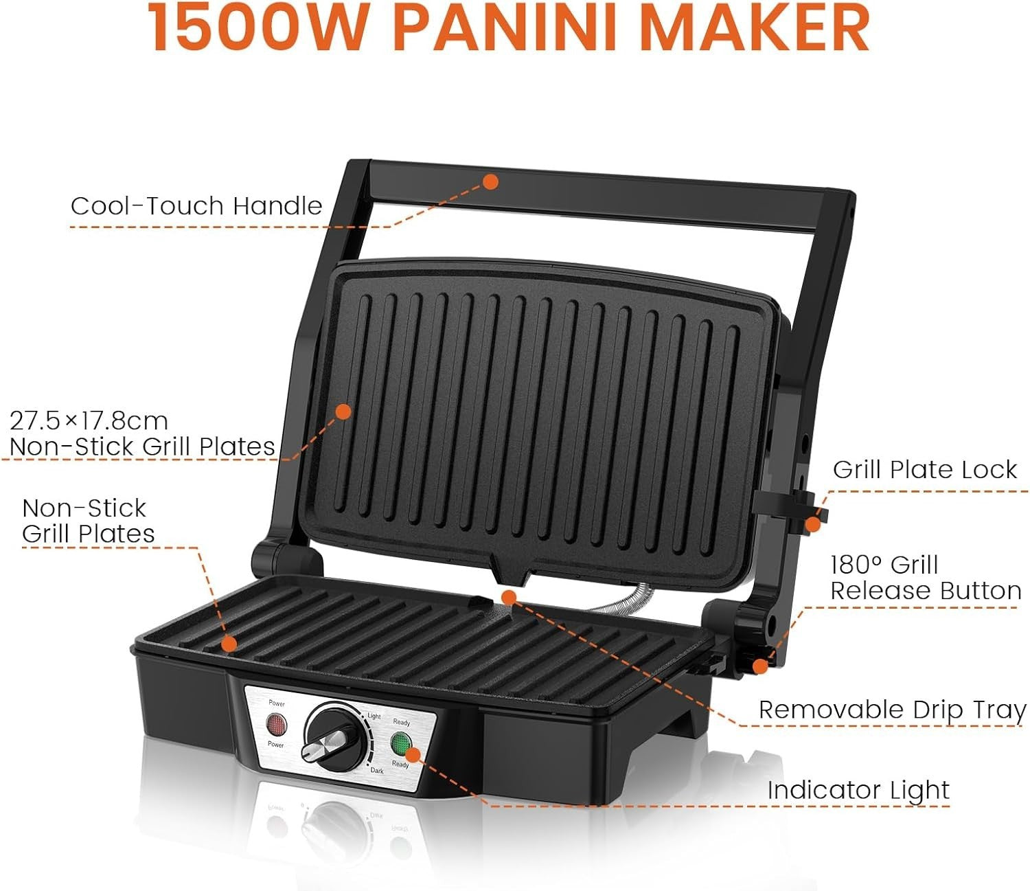 1500W Electric Panini Press 27.5x17.8cm Non-Stick Grill Toastie Maker