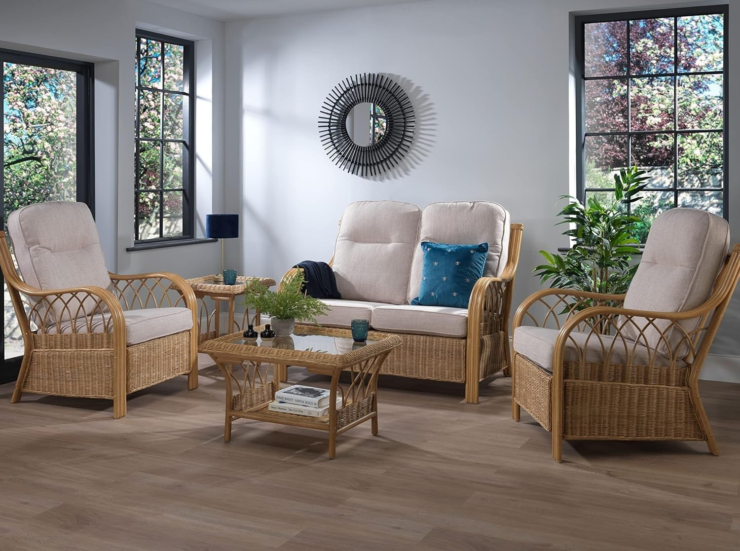 Luxury Rattan Conservatory Armchair High Back Cane Chair with Cushions