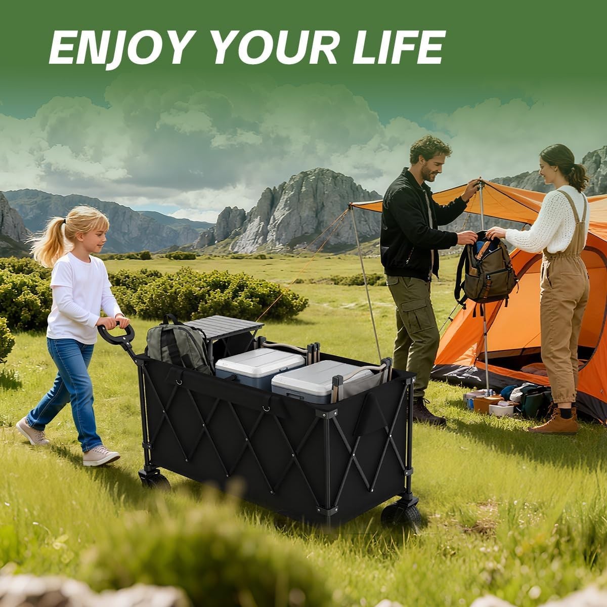 Black 400L Extra Large Folding Camping Wagon Heavy Duty Festival Trolley 10cm