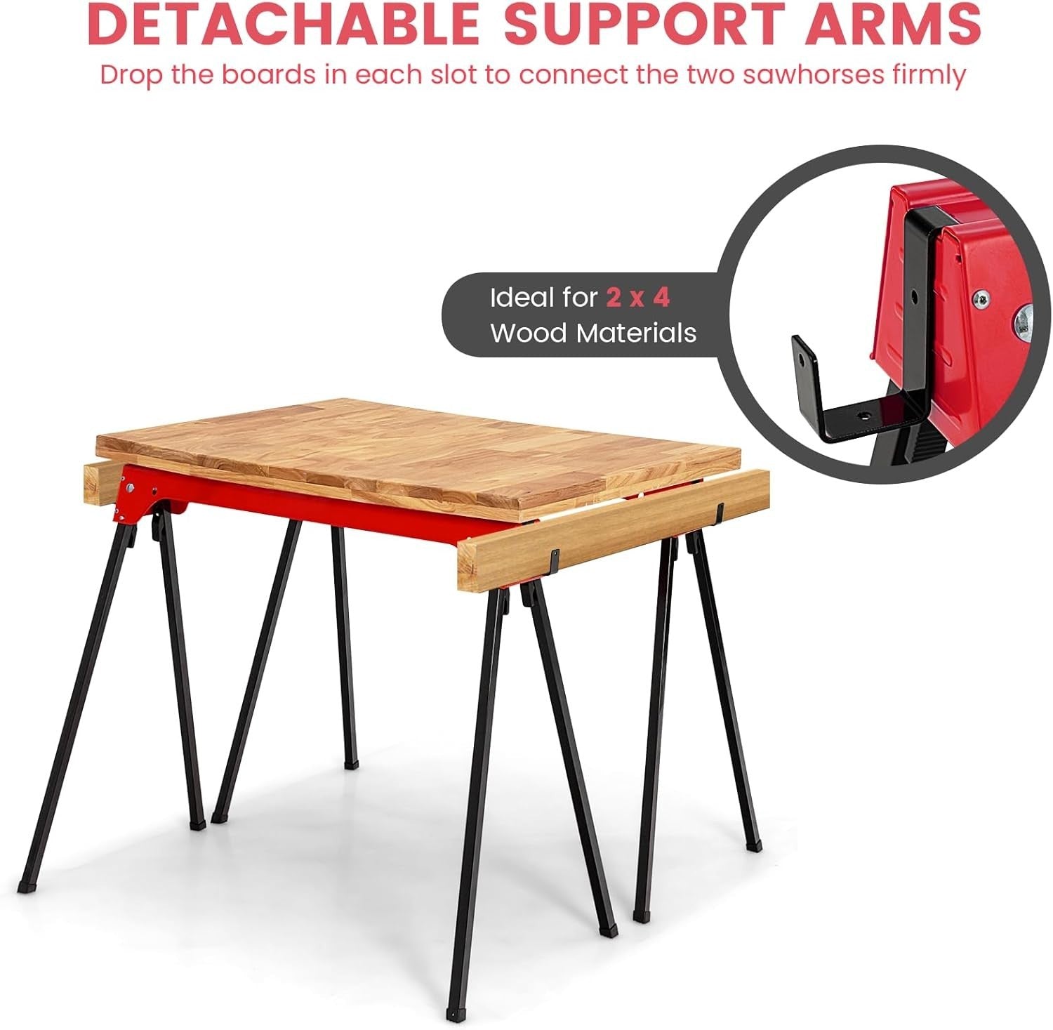 Red Folding Sawhorses 2-Pack Heavy Duty Steel 227kg Support Arms & Grip Top