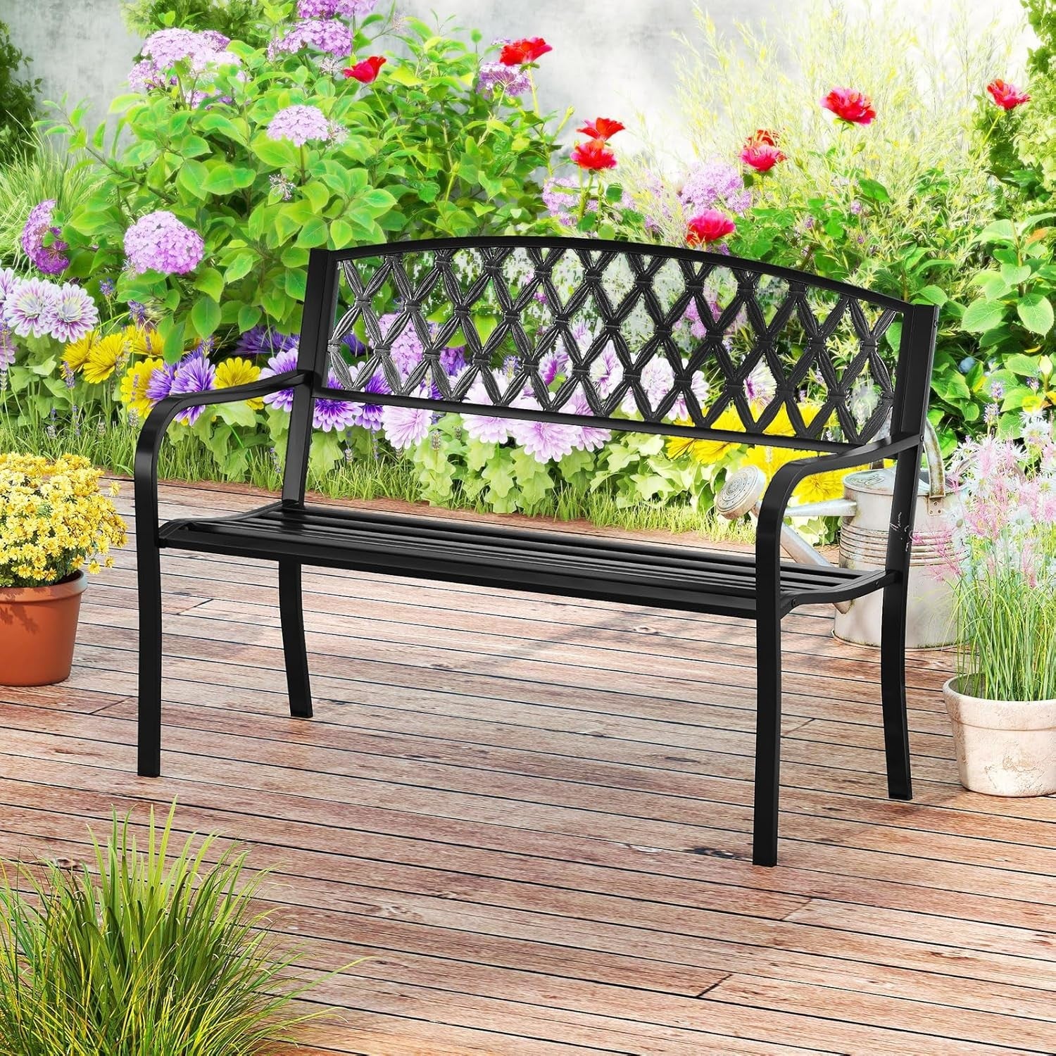 Metal Garden Bench 2-3 Seater Diamond Back Patio Seat