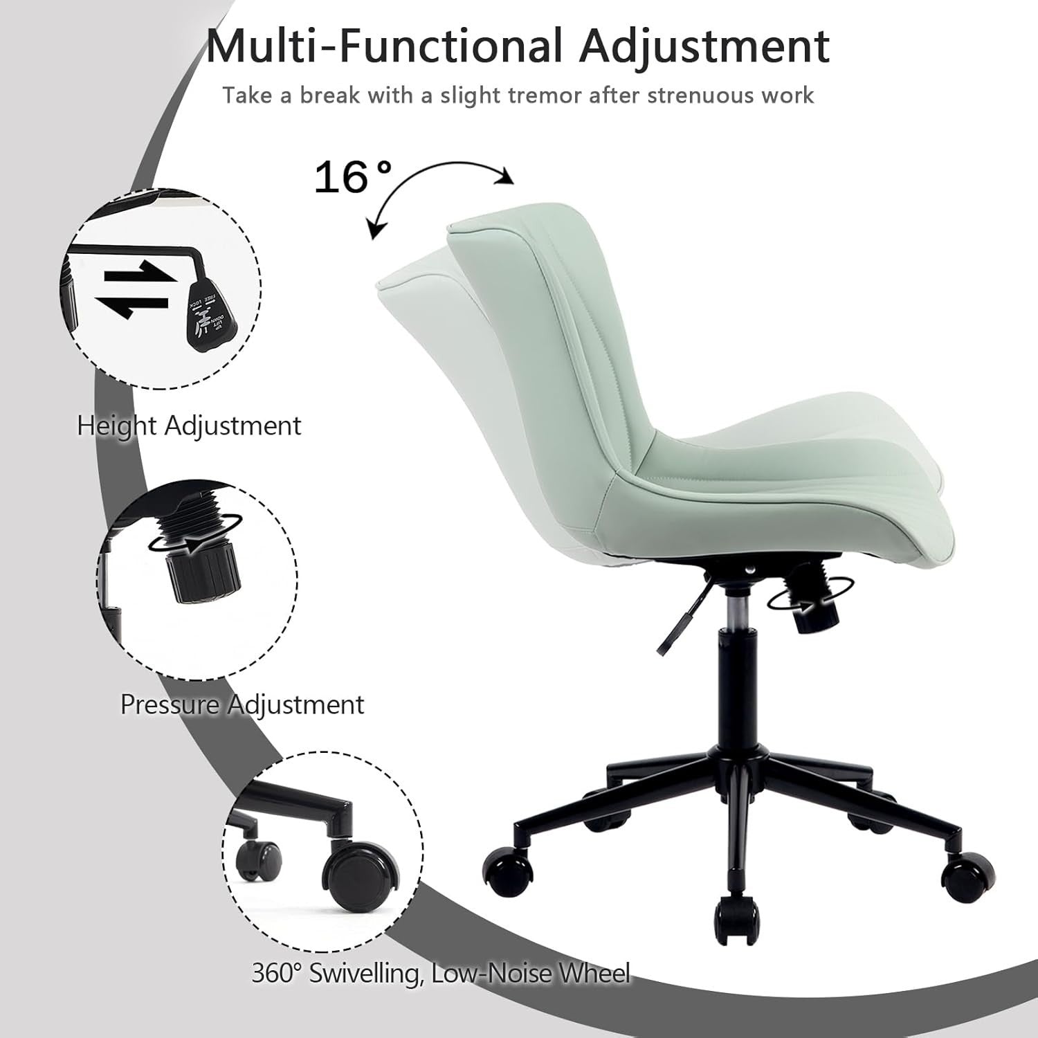 Ergonomic Mint Green Office Desk Chair Swivel Adjustable Home Work Faux Leather