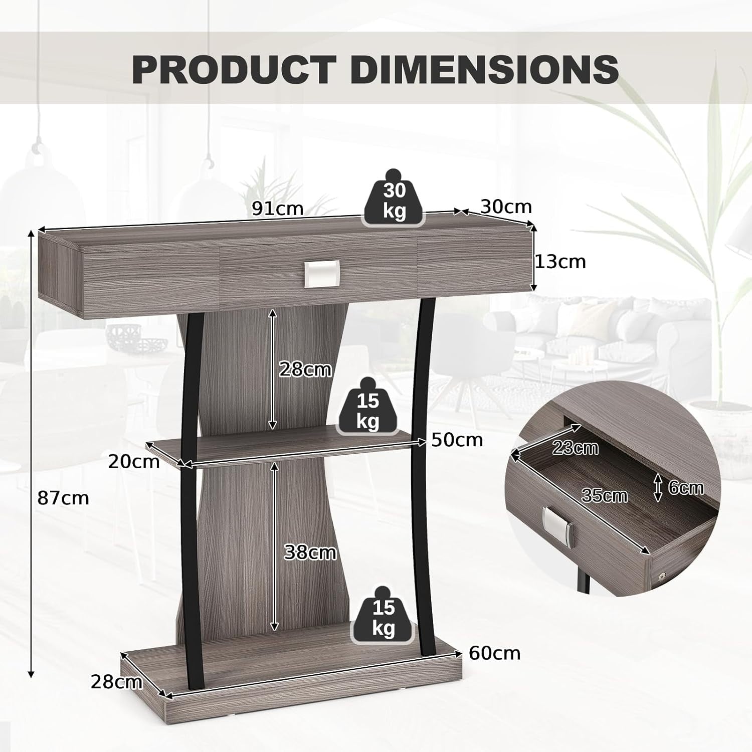 Slim Grey Console Table with Drawer & Shelves – Narrow Entryway Storage
