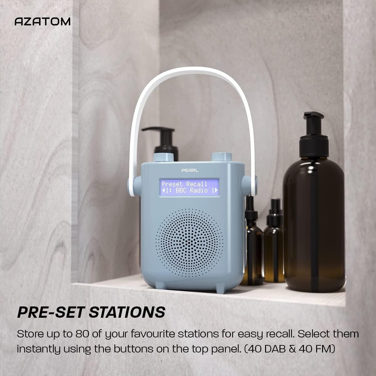 Waterproof DAB/DAB+ FM Bluetooth Shower Radio Rechargeable 20hr Blue