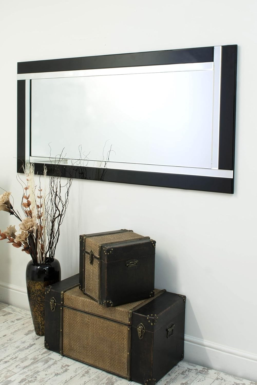 Large Black Silver Bevelled Wall Mirror 174x85cm Elegant Decor