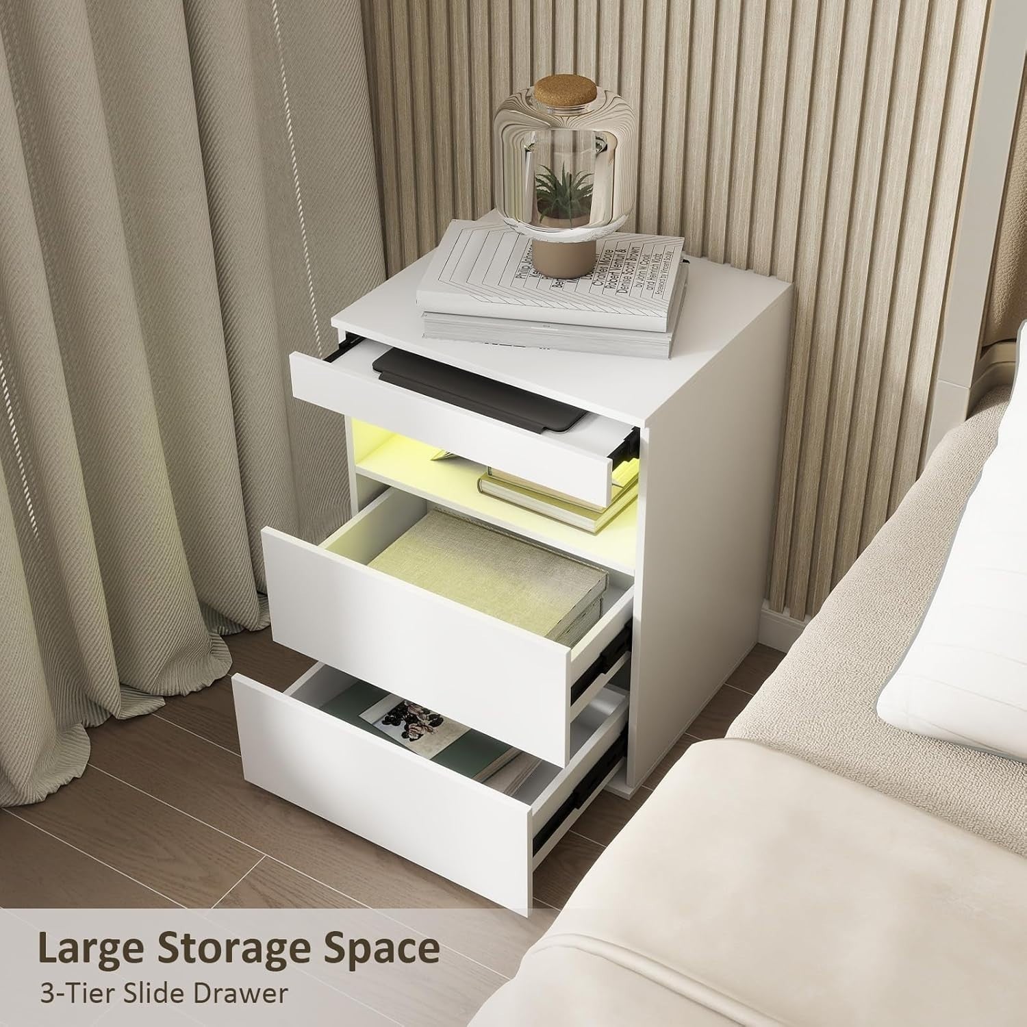 Set of 2 White LED Bedside Tables with USB Charging Station & Drawers
