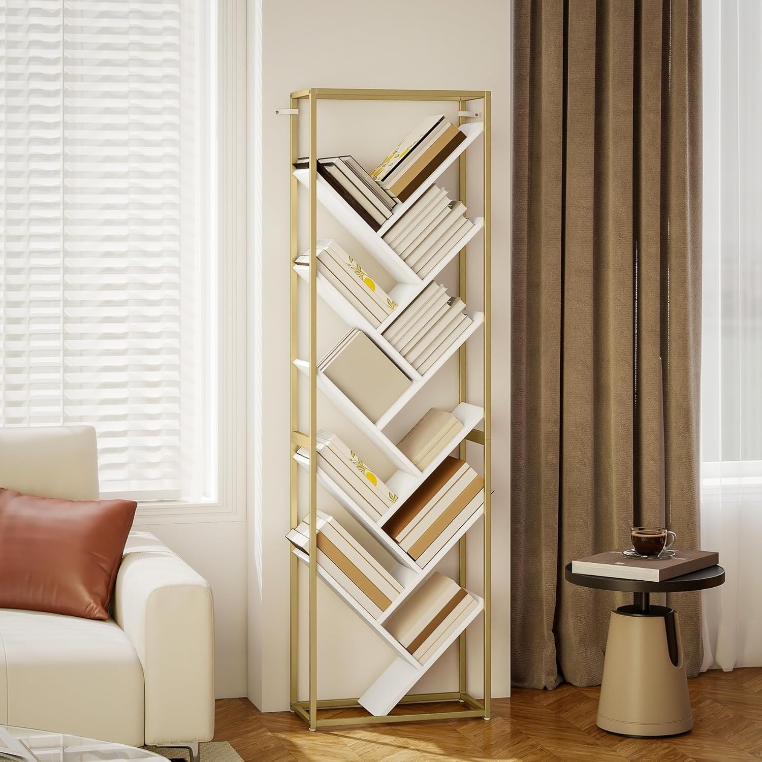 10-Tier Tree Bookshelf Modern White & Gold Tall Display Storage Unit for Home