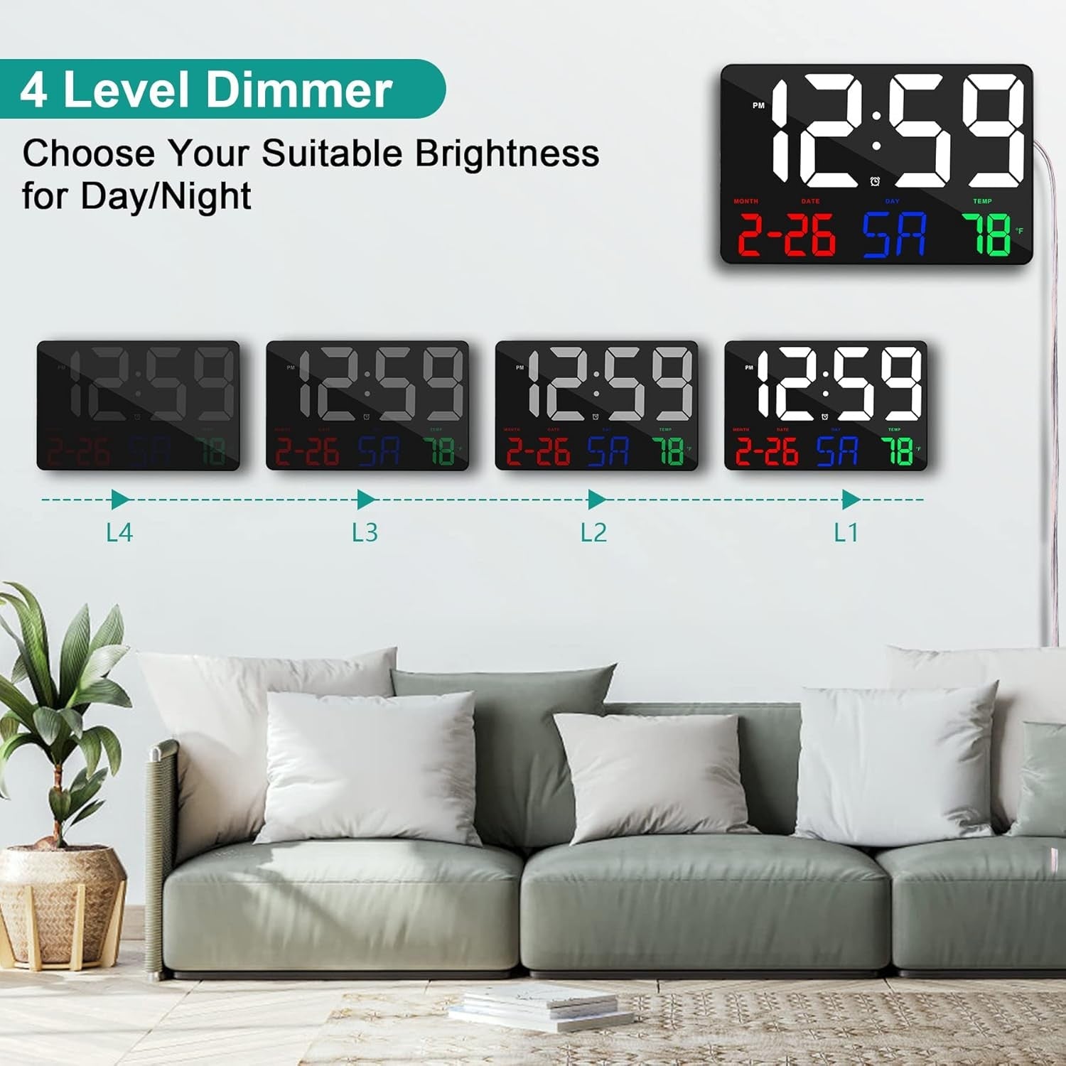 Large Digital Wall Clock Black 11.5″ LED Remote Alarm Date Temp Display