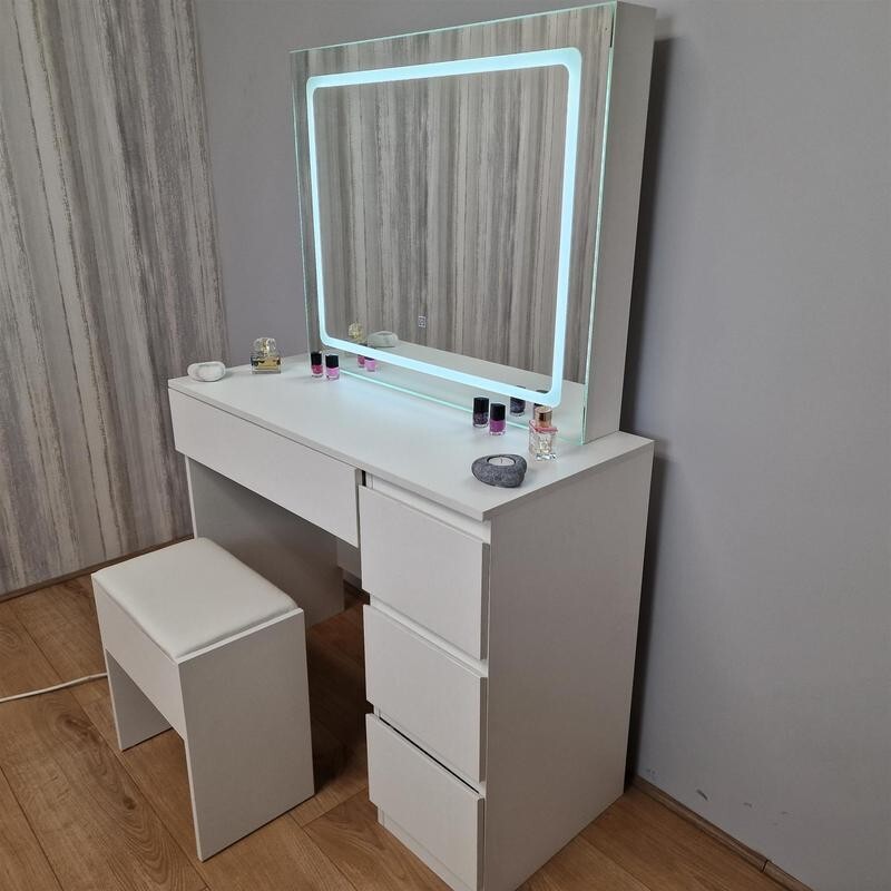 LED Vanity Dressing Table with Mirror & Stool, Makeup Desk w/ Drawers