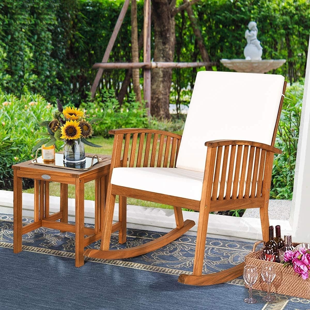Garden Rocking Chair with Side Table, Acacia Wood, Padded Seat Outdoor Set