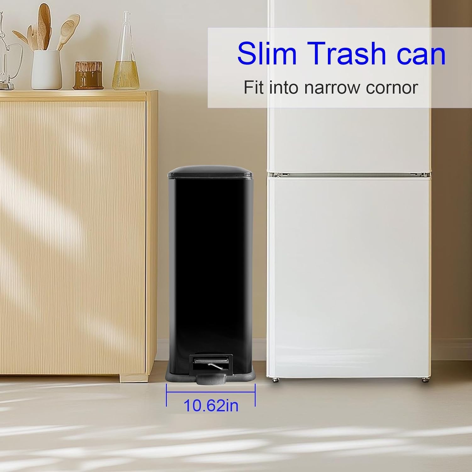 45L Black Stainless Steel Pedal Bin Slim Kitchen Soft Close Lid