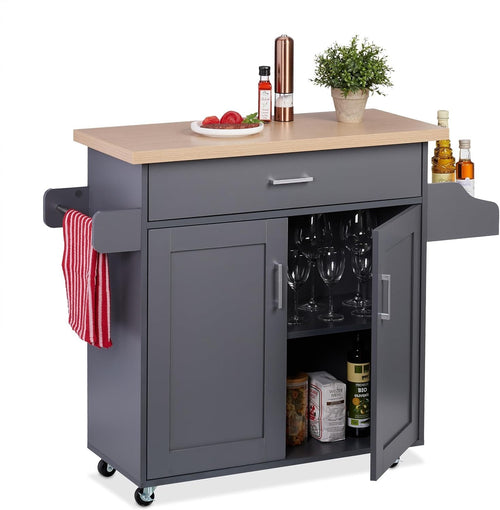 Grey Kitchen Trolley with Worktop, Drawer, Spice Rack & Storage 114x39x90cm