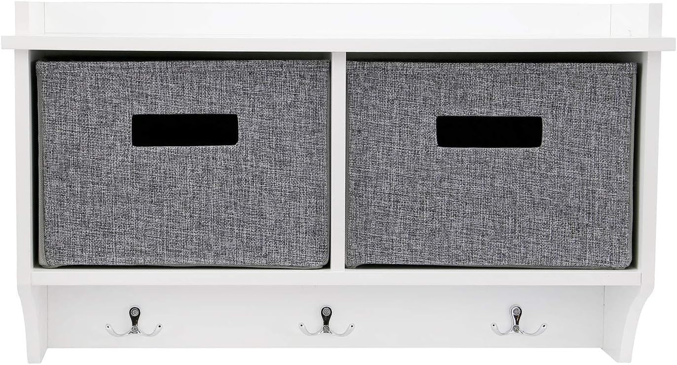 White Wall Mounted Coat Rack | 3 Hooks & 2 Fabric Baskets Hallway Shelf