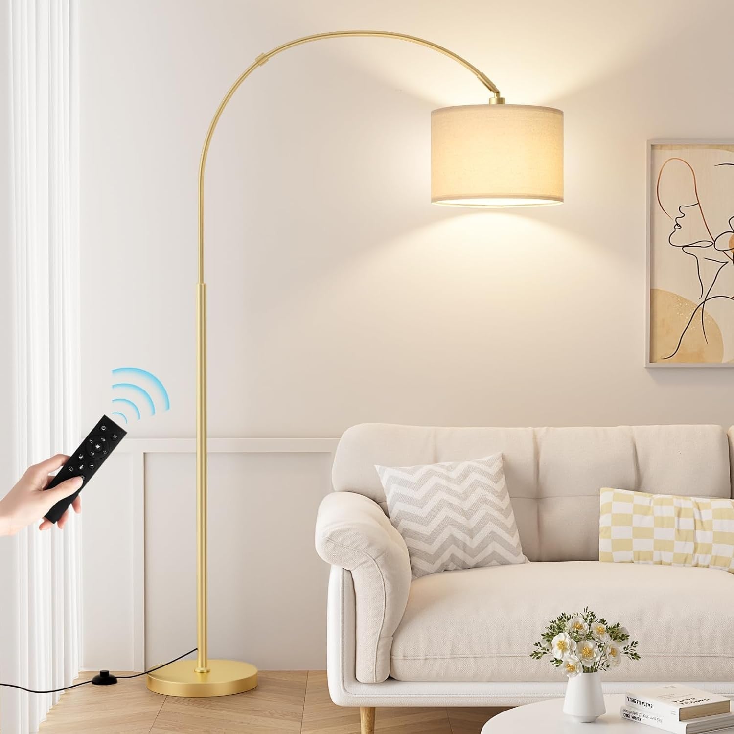 Gold Arc Floor Lamp Remote Dimmable Corner Standing Light Modern Tall Lamp