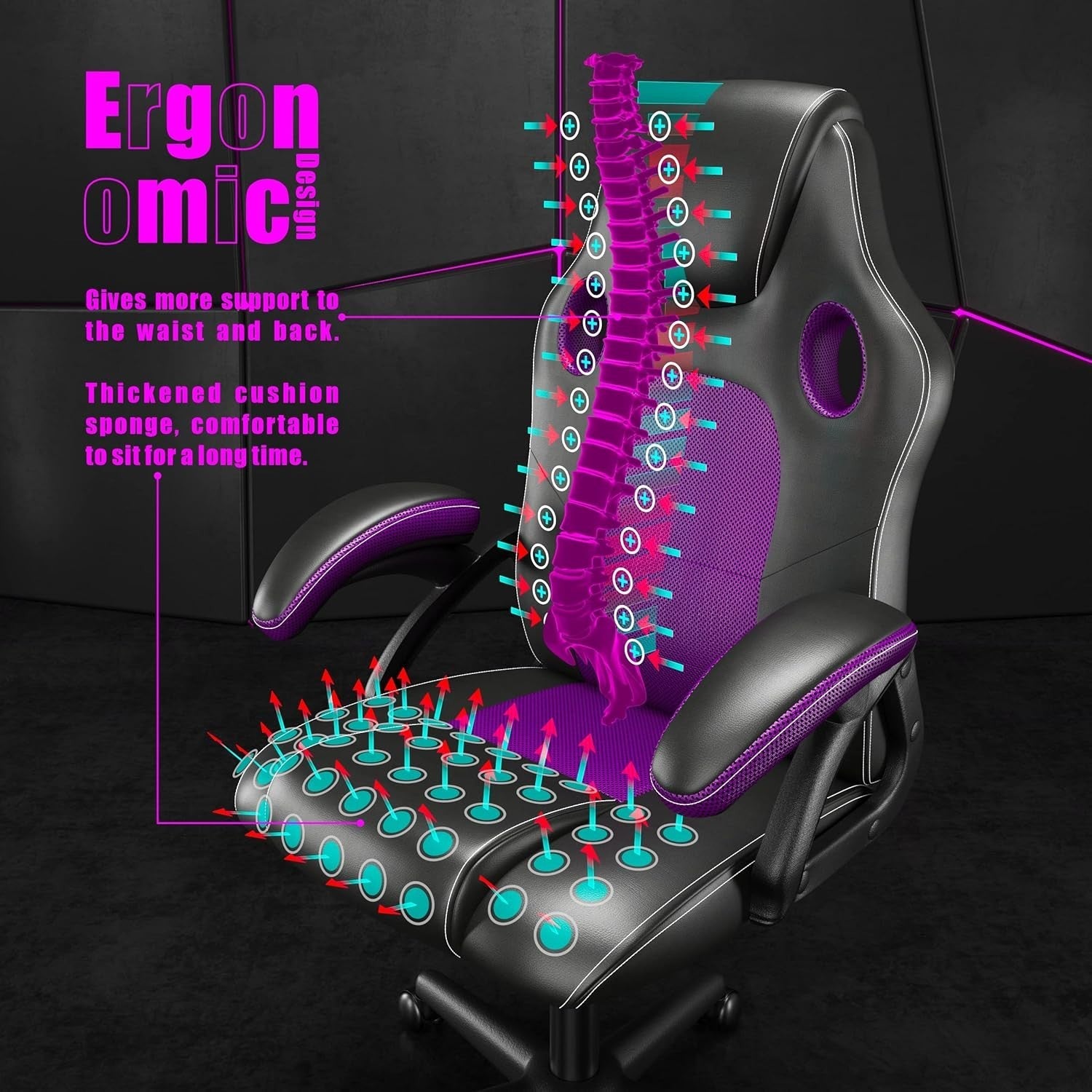 Ergonomic Recliner Office Chair Faux Leather Lumbar Support Desk Seat Purple