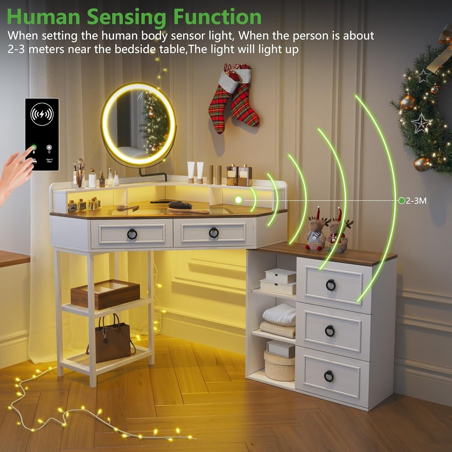 White Modern Dressing Table Makeup Vanity Desk w/ LED Mirror & Charging Station