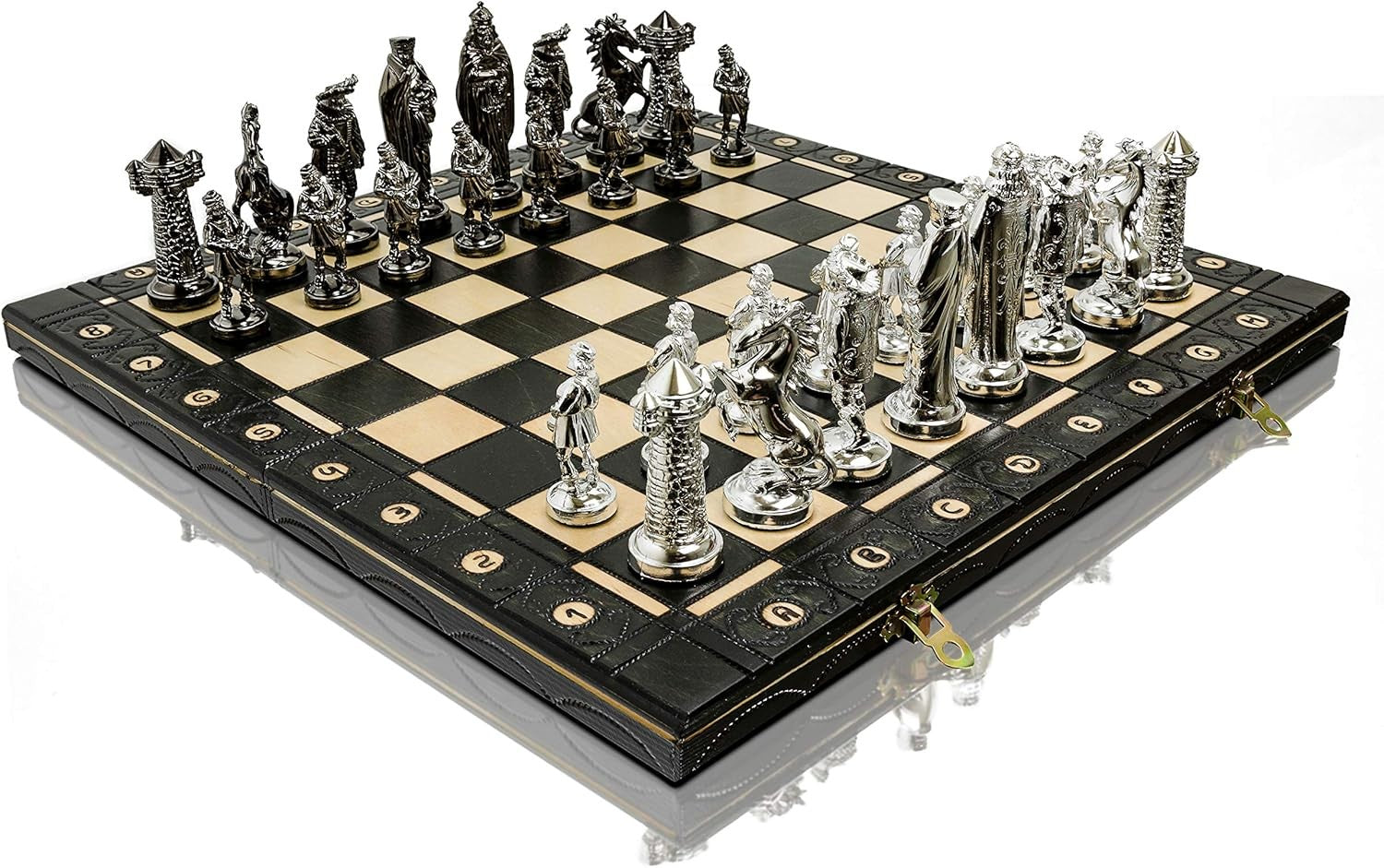 41cm Chrome Medieval Chess Set | Luxury Folding Board | Weighted Metal Pieces