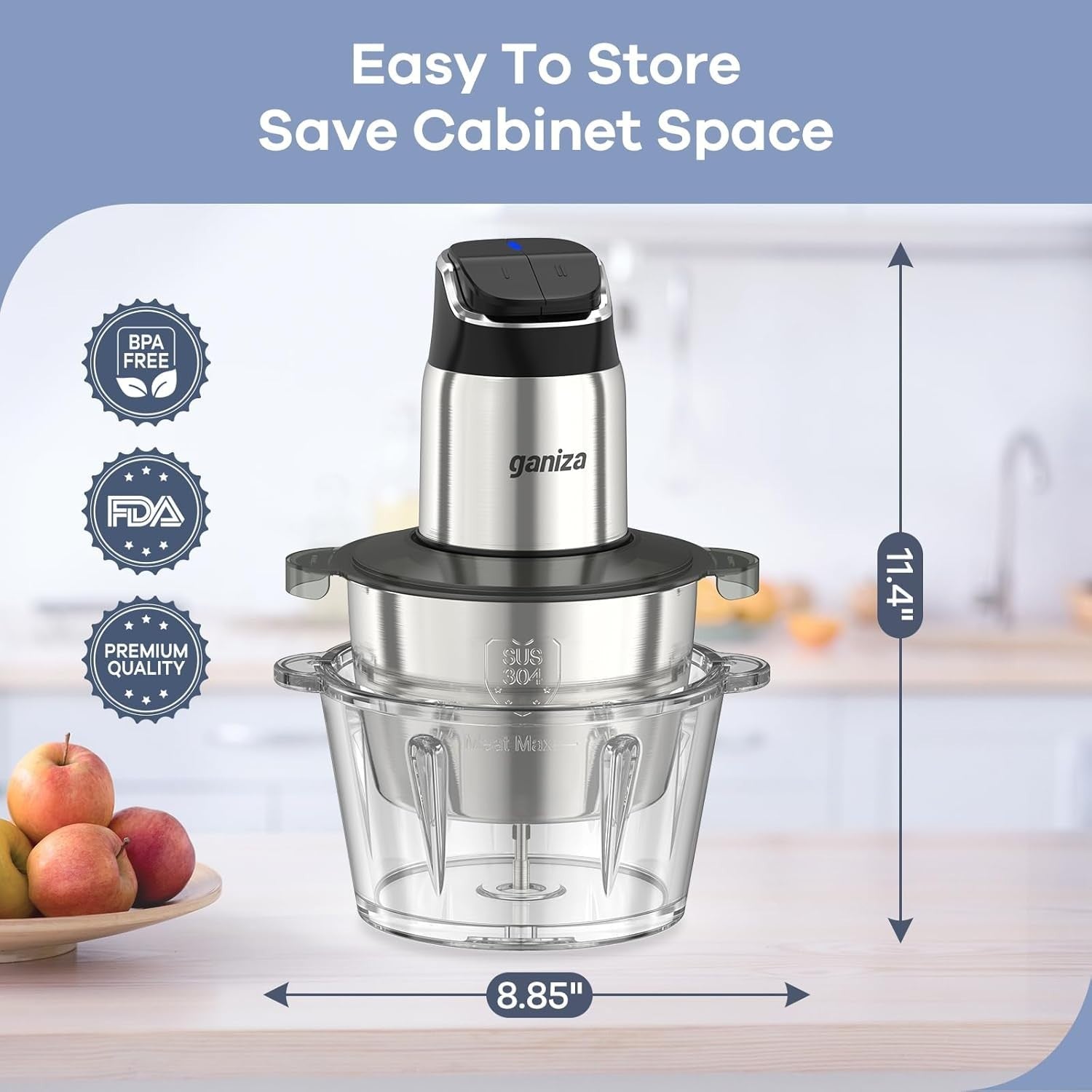 8 Cup Food Processor Meat Grinder 450W 2 Speed Dual Bowl Chopper